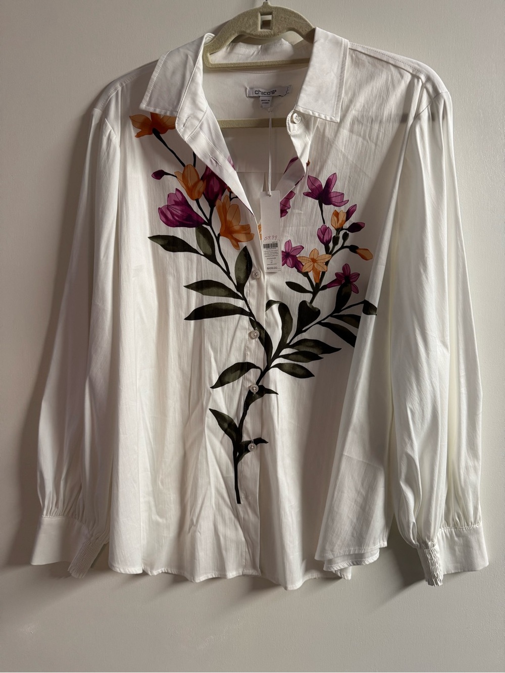 Chico's 2 White Button-Front Blouse with Purple & Orange Floral Print